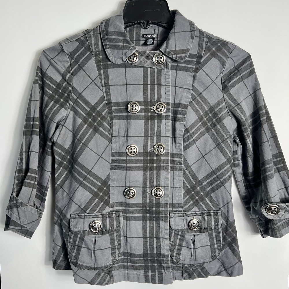 Maurices Womens Size L Gray Plaid Double Breasted Cropped Jacket‎ Peacoat Y2K